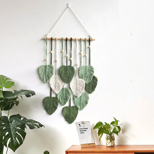 Tenture Murale Feuilles en Macramé Vert Nature – Apaisement Naturel